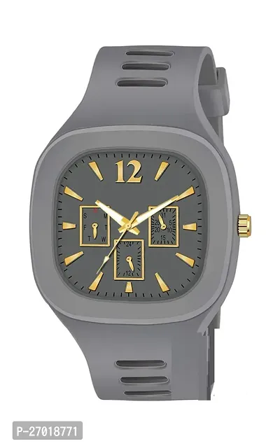 Fashionable Square Grey Dial Designer Stylish Rubber Belt Strap Analog Watch for Mens  Boys.