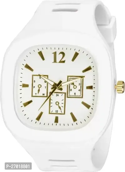 Fashionable Square white Dial Designer Stylish Rubber Belt Strap Analog Watch for Mens  Boys.