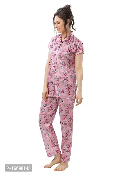 Peignoir Printed Satin Shirt  Pyjama Night Suit for Women, Pink - L-thumb5