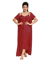 Be You Satin Solid Women 2 Pcs Nightwear Set Maroon-thumb3