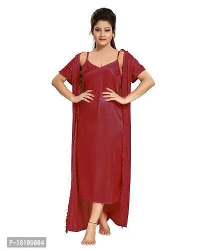 Be You Satin Solid Women 2 Pcs Nightwear Set Maroon-thumb4