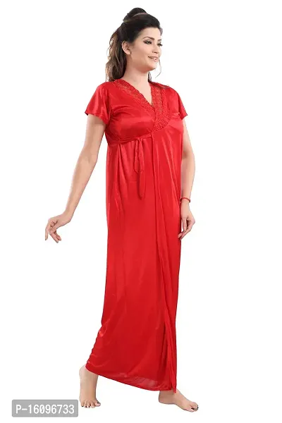 Be You Solid Women Satin Nighty with Robe (Red, Free Size)-thumb3