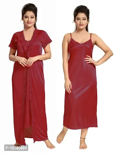 Be You Satin Solid Women 2 Pcs Nightwear Set Maroon-thumb0