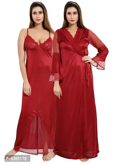 Lovira Women Satin Solid Nightwear Set (Pack of 2) (LVR_NIGHTY_1628_Maroon_Free Size)