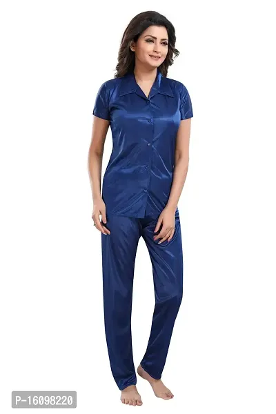 Be You Women Satin Shirt  Pyjama Night Suit (Dark Blue)-thumb0