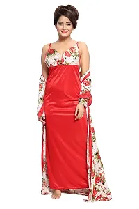 Be You Women Satin Floral Robe  Nighty Set - Red - Free Size-thumb1