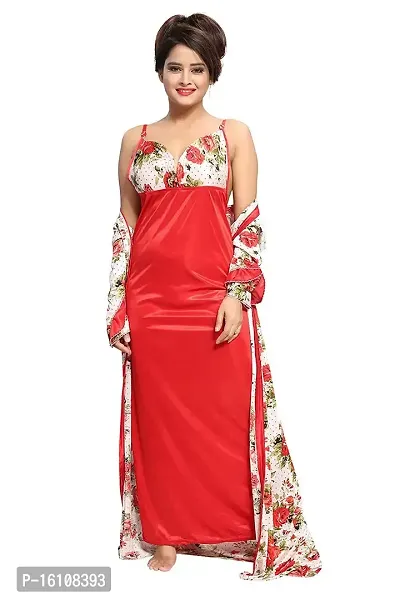 Be You Women Satin Floral Robe  Nighty Set - Red - Free Size-thumb2