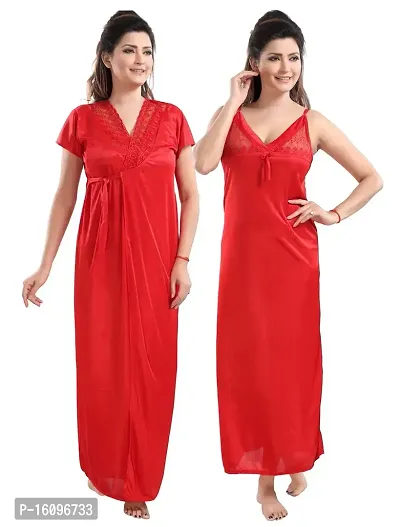 Be You Solid Women Satin Nighty with Robe (Red, Free Size)