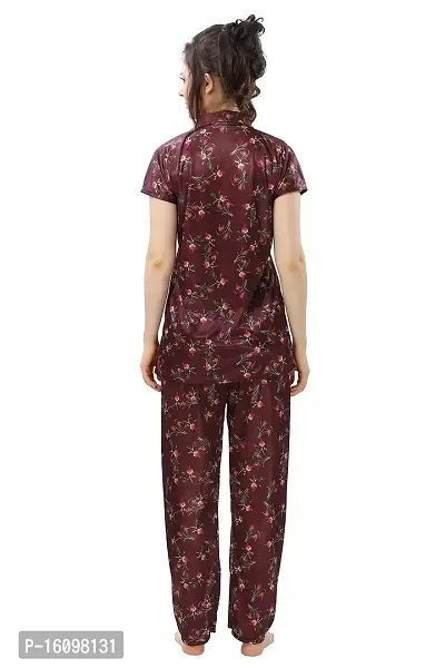 Peignoir Printed Satin Shirt  Pyjama Night Suit for Women, Brown - L-thumb2