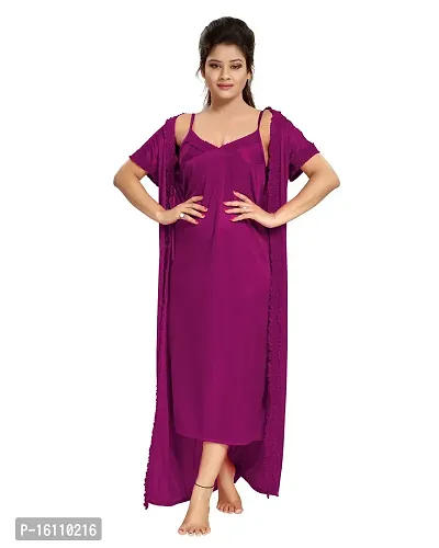 Be You Magenta Solid Women Satin Nighty with Robe (Free Size)-thumb4