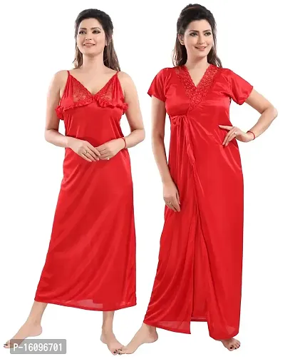 Be You Solid Women Satin Nighty with Robe (Red, Free Size)