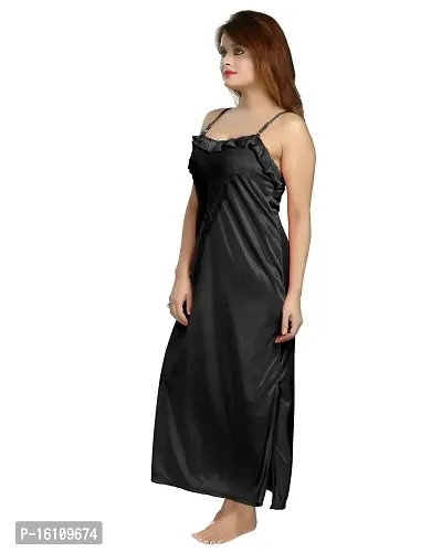 Be You Women's Satin Solid Nighty with Robe (Black,Free Size)-thumb3
