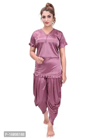 Q OF FASHION Satin Top Pyjama Set (Top and Patiala Pyjama) for Girls/Women's (Free-Size 28 to 36 Regular) (Free Size, Onion Pink)