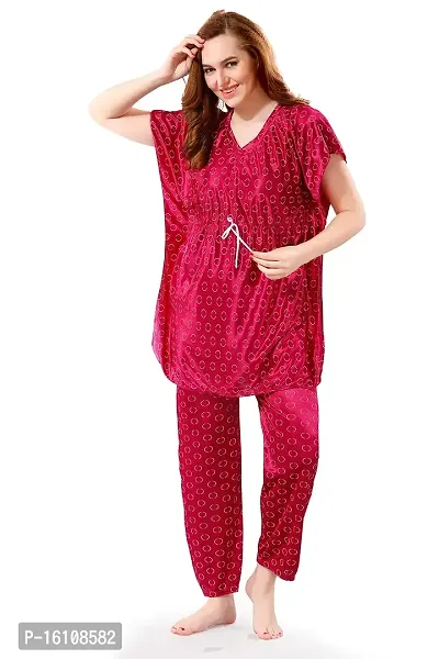 Be You Polka Dots Satin Kaftan Night Suit for Women, Pink - Free Size-thumb0