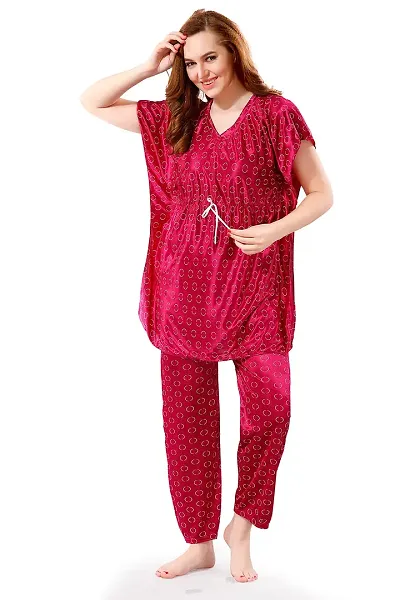 Be You Polka Dots Satin Kaftan Night Suit for Women, - Free Size