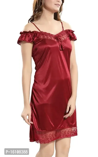 Be You Solid Women Lace Nighty/Babydoll Maroon