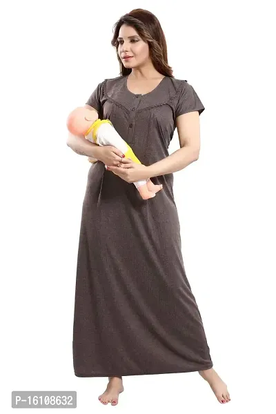 Be You Striped Cotton Maternity Gown/Feeding Gown for Women, Chocolate Brown - L