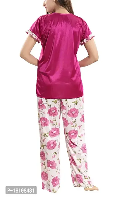 Be You Women's Floral Satin Top  Pyjama Set/Night Suit - Free Size - MagentaBe You Women's Floral Satin Top  Pyjama Set/Night Suit - Free Size-thumb2