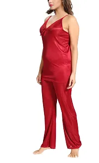 Be You Satin Night Suits for Women/Top  Pyjama Set/Free Size Maroon-thumb3