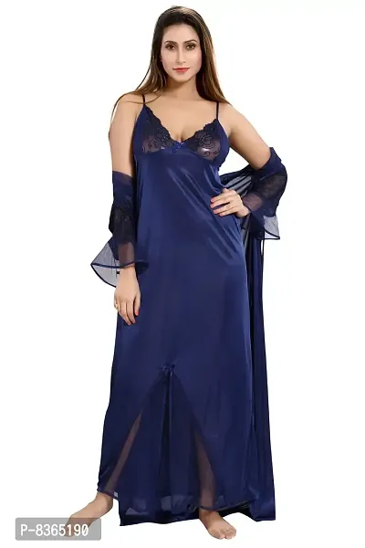 Lovira Navy Blue Solid Nighty Sets/Nighty with Robe for Women (Free Size)-thumb2