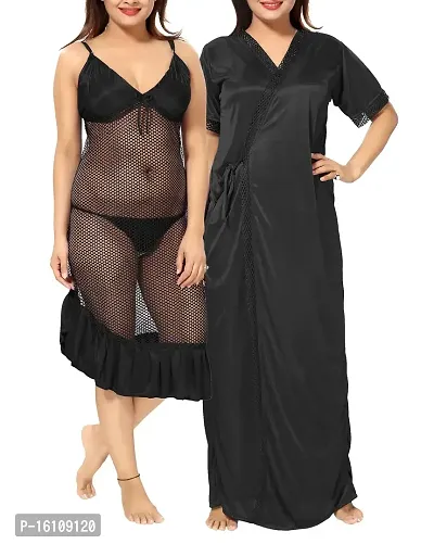 Be You Women's Solid Nighty with Robe (BUF-NIGHTY-893, Black, Free Size)