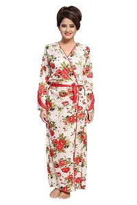 Be You Women Satin Floral Robe  Nighty Set - Red - Free Size-thumb2