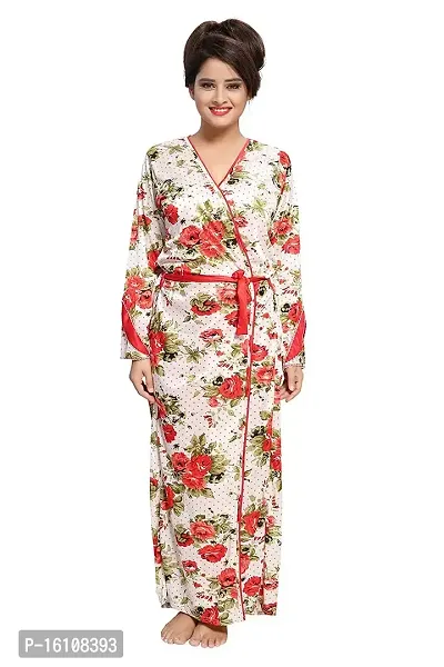 Be You Women Satin Floral Robe  Nighty Set - Red - Free Size-thumb3