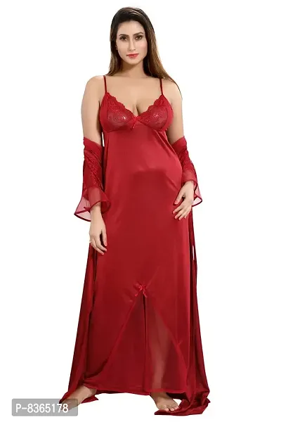 Lovira Women Satin Solid Nightwear Set (Pack of 2) (LVR_NIGHTY_1628_Maroon_Free Size)-thumb2