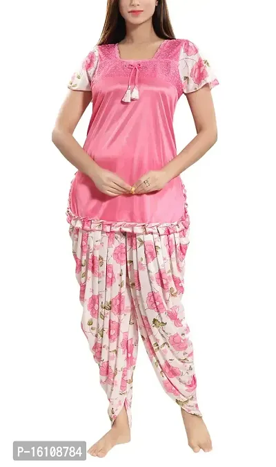 Be You Satin Night Suits for Women/Top and Dhoti Style Bottom Night Suit - Pink - Free Size
