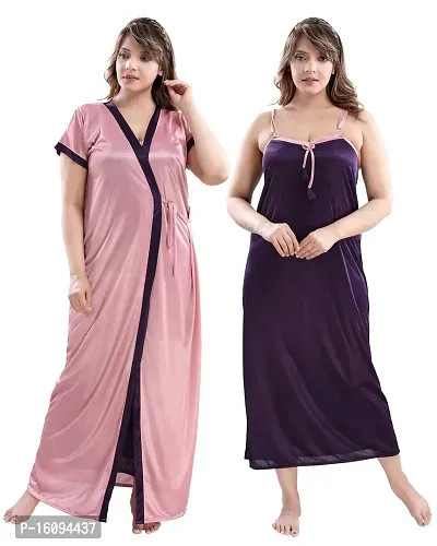 Be You Solid Women Satin Nighty with Robe (Mauve, Free Size)