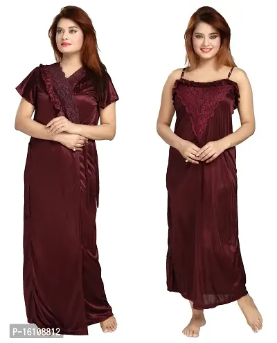 Be You Fashion Women Satin Maroon Lace 2 Piece Nighty Set