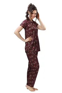 Peignoir Printed Satin Shirt  Pyjama Night Suit for Women, Brown - L-thumb4