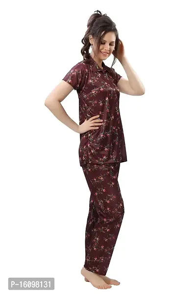 Peignoir Printed Satin Shirt  Pyjama Night Suit for Women, Brown - L-thumb5