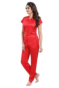 Be You Women Satin Shirt  Pyjama Night Suit (Red)-thumb3