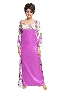 Be You Women Satin Floral Robe  Nighty Set - Purple - Free Size-thumb1