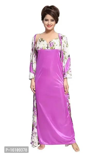 Be You Women Satin Floral Robe  Nighty Set - Purple - Free Size-thumb2