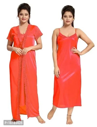 Be You Satin Solid Women 2 Pcs Nightwear Set Red