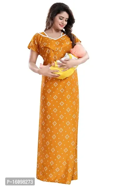 Be You Women's Satin Floral Maxi Maternity Nighty (BUF-GOWN-1775_Mustard Yellow)-thumb0