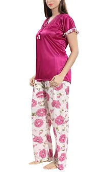 Be You Women's Floral Satin Top  Pyjama Set/Night Suit - Free Size - MagentaBe You Women's Floral Satin Top  Pyjama Set/Night Suit - Free Size-thumb2