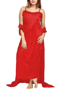 Be You Women's Satin Nighty with Robe Set (Red,Free Size)-thumb1