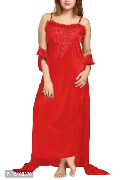 Be You Women's Satin Nighty with Robe Set (Red,Free Size)-thumb2