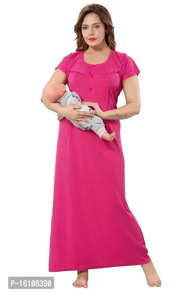 Be You Striped Cotton Maternity Gown/Feeding Gown for Women, Pink - L