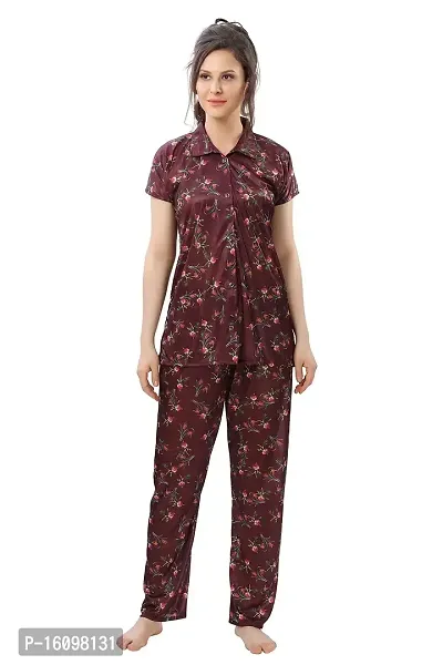 Peignoir Printed Satin Shirt  Pyjama Night Suit for Women, Brown - L