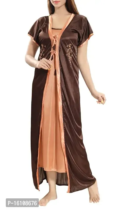 Be You Multicolor Solid Women Nighty with Robe (2 Pieces Nighty Set) Brown-Gold