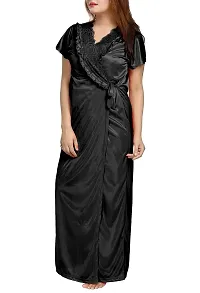 Be You Women's Satin Solid Nighty with Robe (Black,Free Size)-thumb4