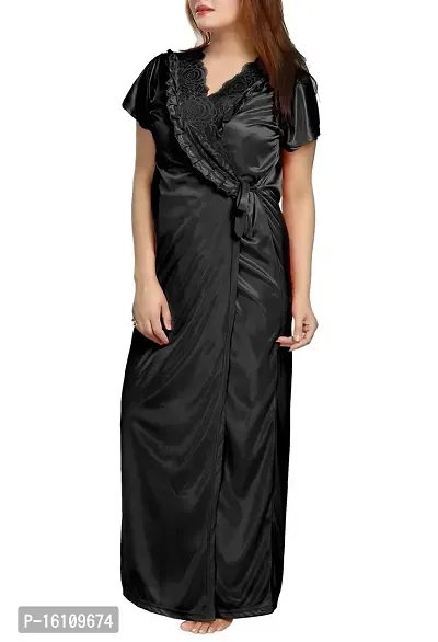 Be You Women's Satin Solid Nighty with Robe (Black,Free Size)-thumb5