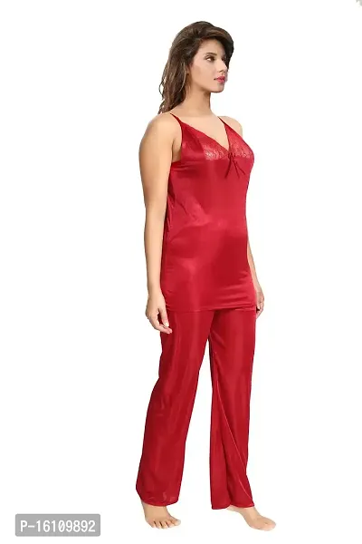 Be You Satin Night Suits for Women/Top  Pyjama Set/Free Size Maroon-thumb3