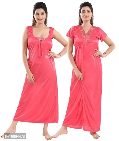 Be You Solid Women Satin Nighty with Robe (Light Pink, Free Size)-thumb0