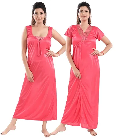 Be You Solid Women Satin Nighty with Robe (Light Pink, Free Size)