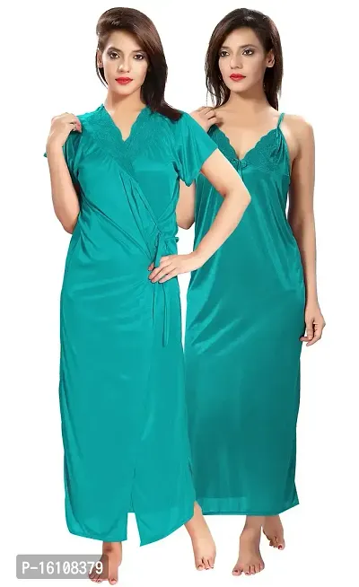 Be You Satin Women's Nighty with Robe Turquoise